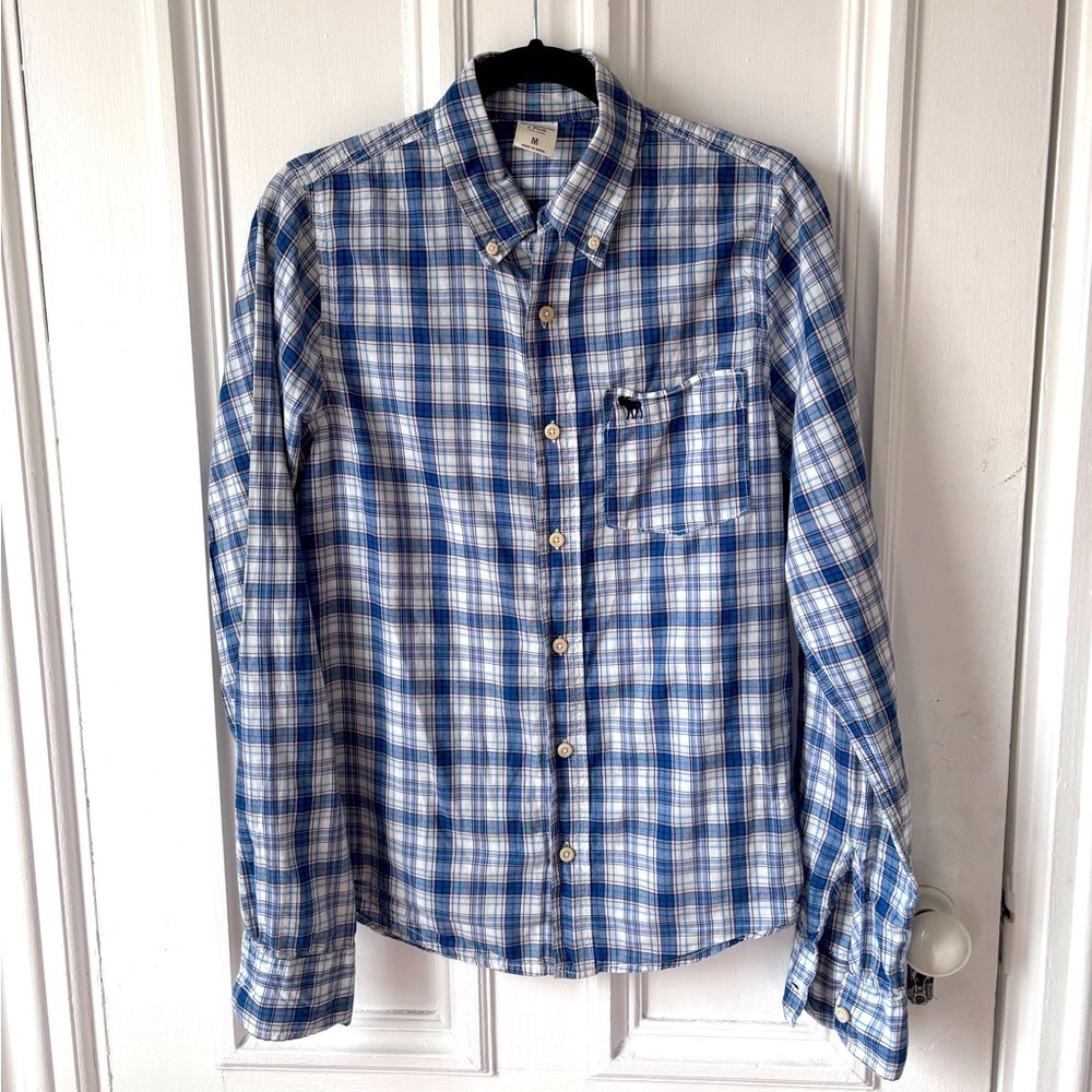 Women’s Abercrombie &Fitch Blue Pink Plaid Button Down Long Sleeve Shirt Size M